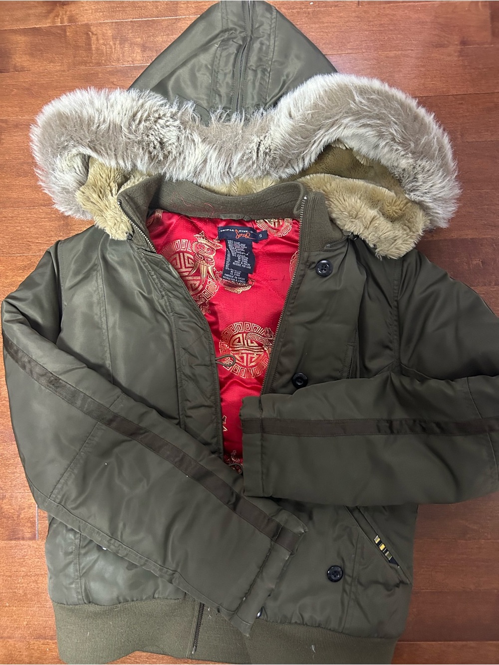 555 soul Olive Green Hooded Puffer Jacket with Faux Fur Trim